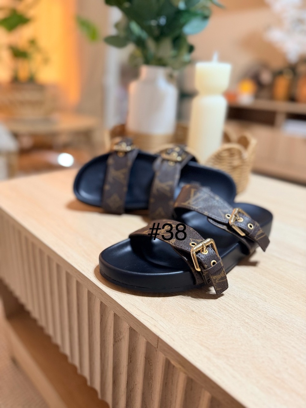 No Boundaries Black Footbed Brown Patterned Double-Buckle Slide Sandals